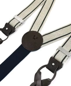 Bertelles - Superior Wide Braces In Thin Navy And Green Stripe On Ecru