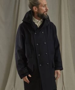 Workhouse England - Fisherman Long Wool Coat In Dark Navy