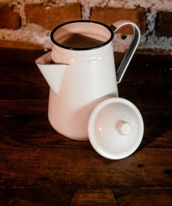 Antiques White Enamelware Coffee Pot / Kettle With Blue Rim Antiques&Collectibles