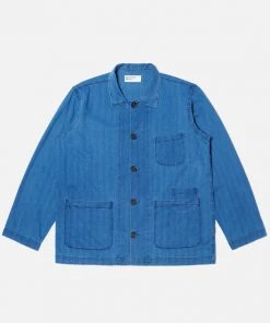 Universal Works Bakers Overshirt/Jacket In Washed Indigo Herringbone Denim