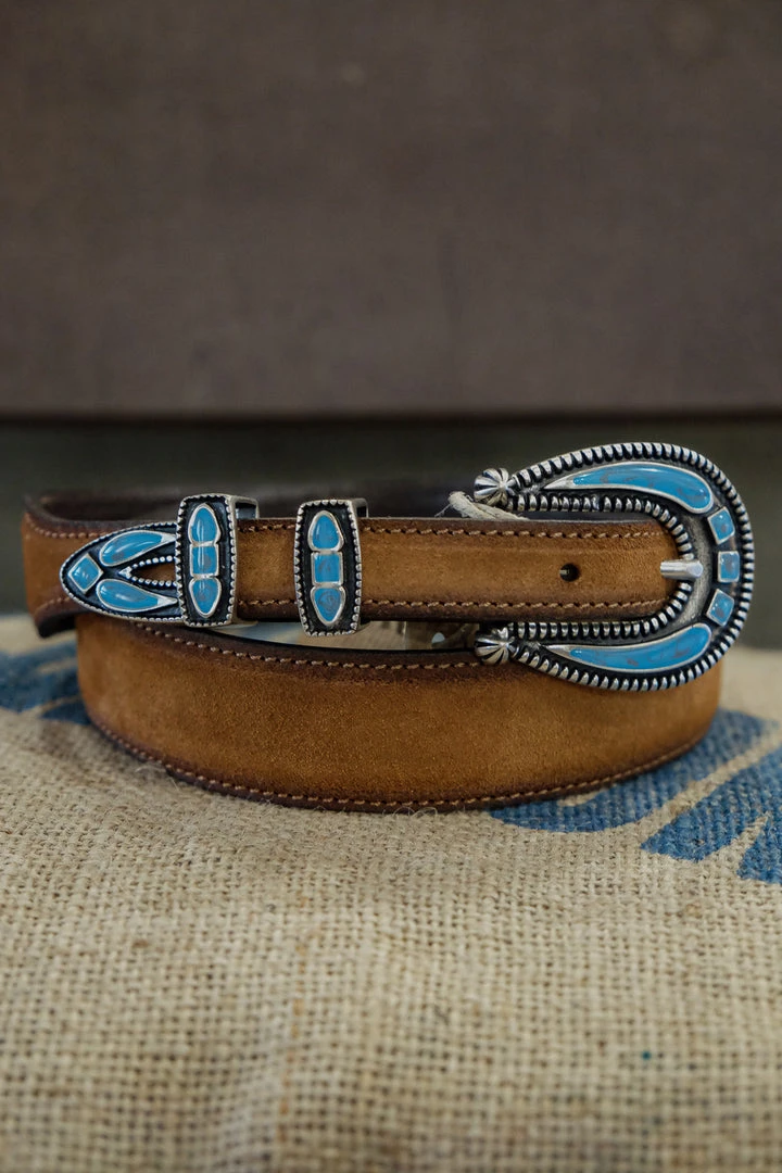 Alberto Luti - Turquoise Jewel Buckle Leather Belt In Vintage Suede 3 Alberto Luti - Turquoise Jewel Buckle Leather Belt In Vintage Suede