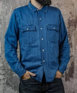 Shirts&Overshirts Universal Works - Worker Shirt In Washed Indigo Herringbone Denim