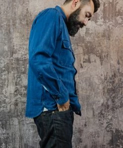 Shirts&Overshirts Universal Works - Worker Shirt In Washed Indigo Herringbone Denim